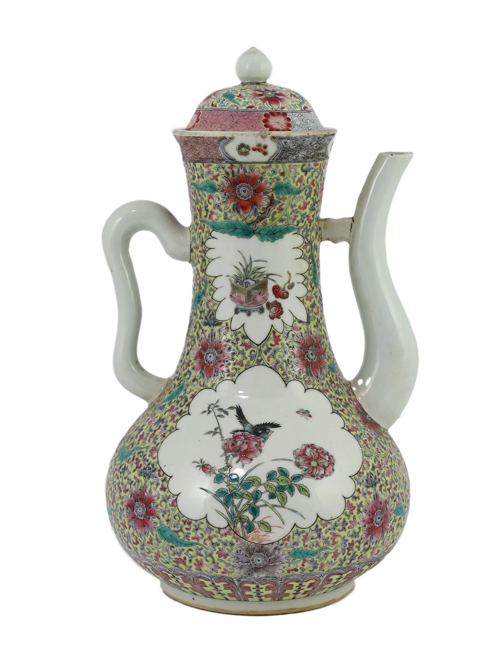 A large and rare Chinese famille rose fencai wine pot and cover, Qianlong mark but 19th century, 35.5cm high